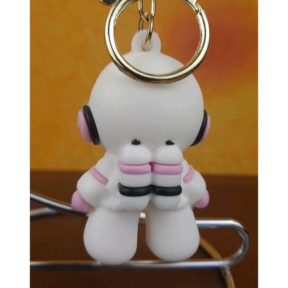 Space Astronaut Keychain Backpack Clip PVC Silver Reflective Face Pink And Black